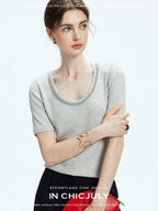 chicjuly Starry Night Jeweled U Neck Knit Women's Silk Wool Blend Short Sleeve T-shirts