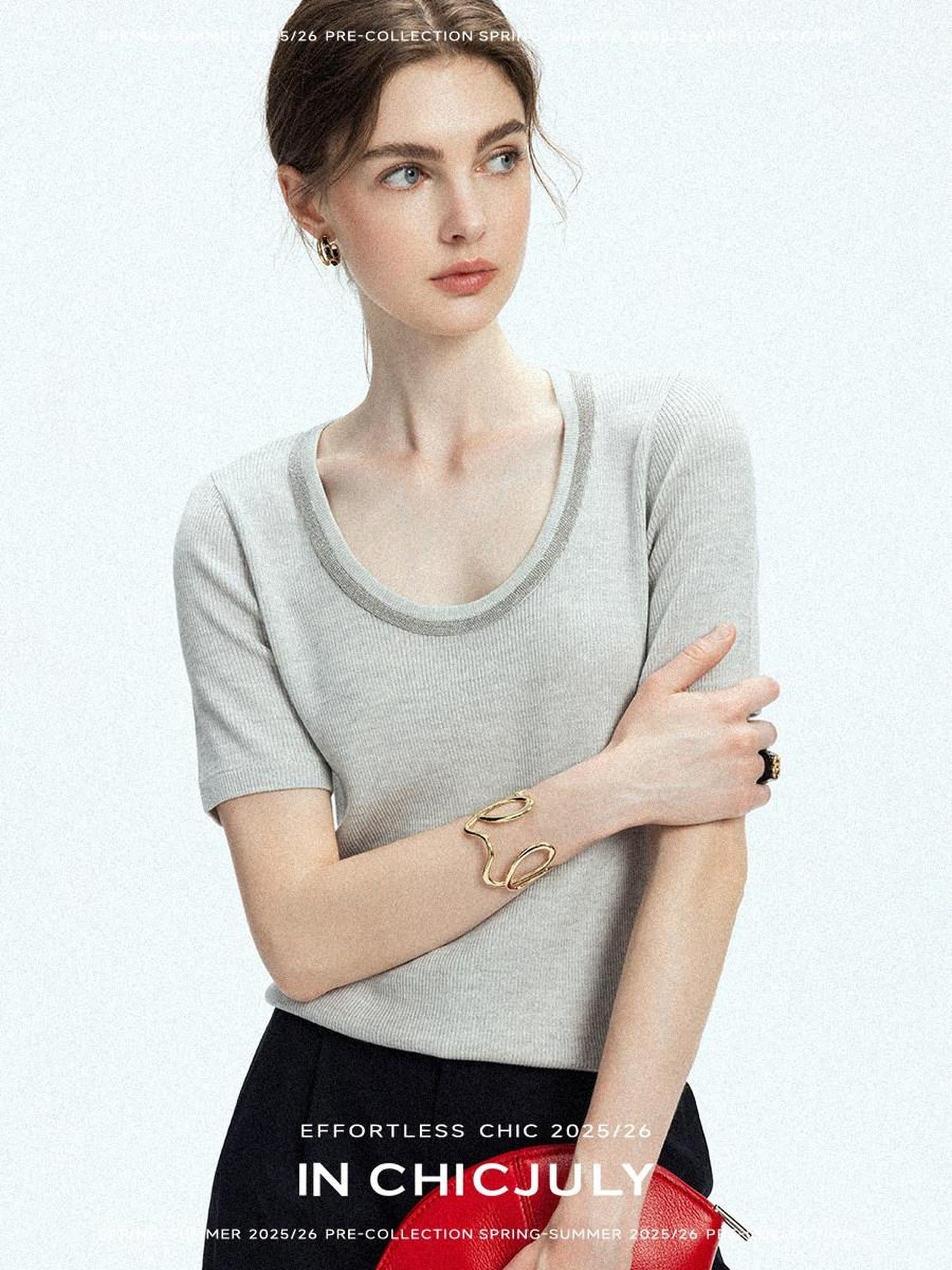 chicjuly Starry Night Jeweled U Neck Knit Women's Silk Wool Blend Short Sleeve T-shirts