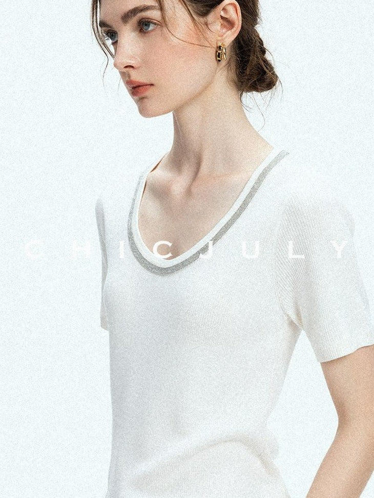 chicjuly Starry Night Jeweled U Neck Knit Women's Silk Wool Blend Short Sleeve T-shirts