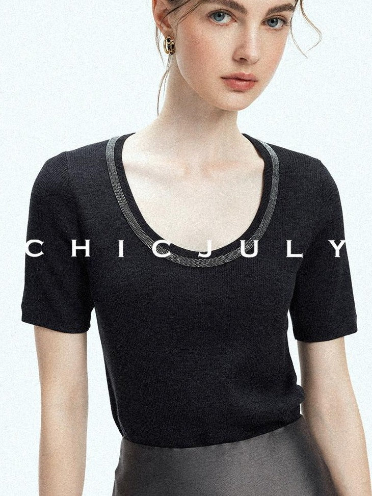 chicjuly Starry Night Jeweled U Neck Knit Women's Silk Wool Blend Short Sleeve T-shirts