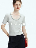 chicjuly Starry Night Jeweled U Neck Knit Women's Silk Wool Blend Short Sleeve T-shirts