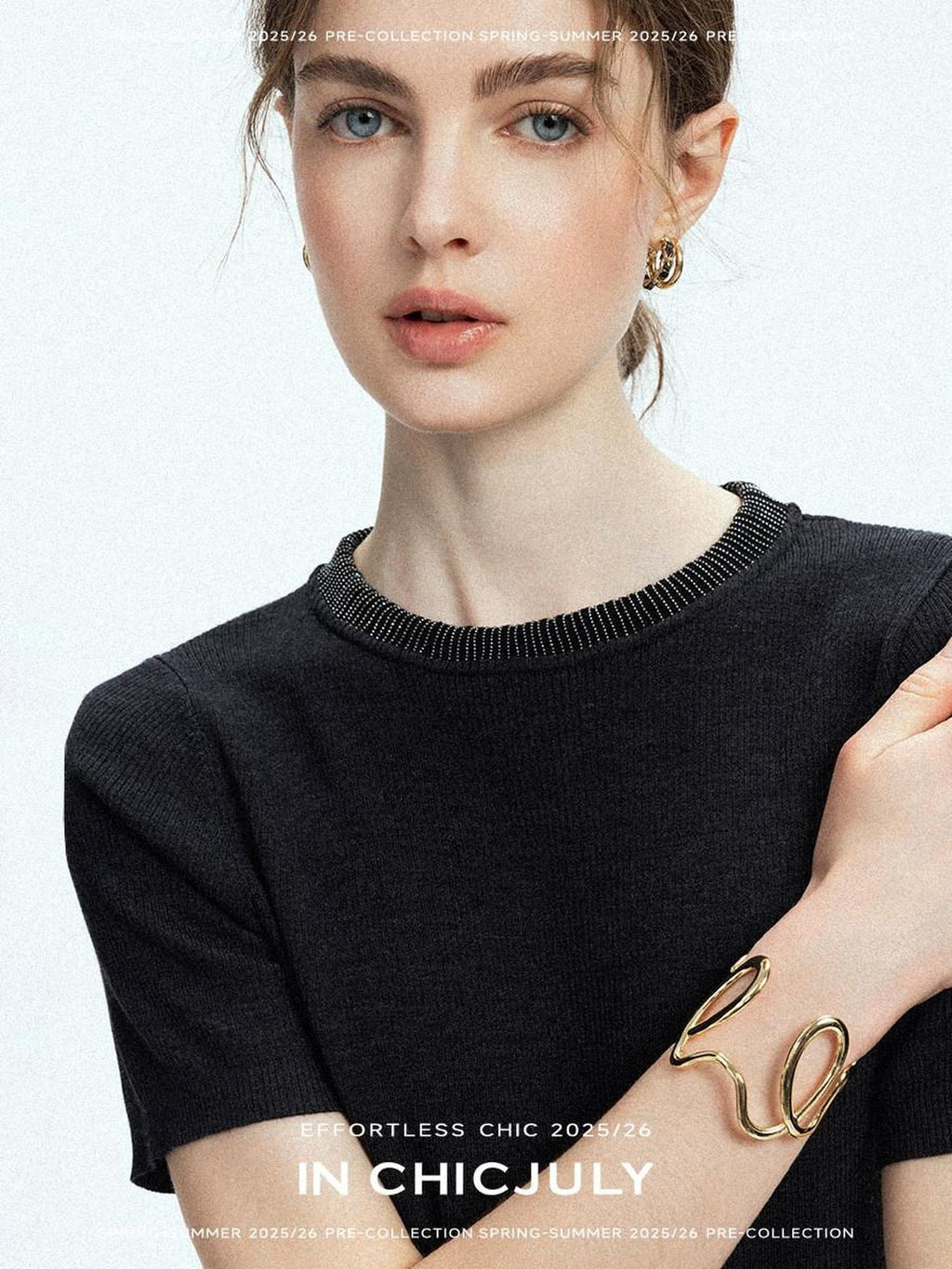 chicjuly Starry Rhinestone Neck Knit Women's Silk Wool Short Sleeve T-shirts