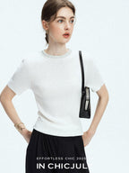 chicjuly Starry Rhinestone Neck Knit Women's Silk Wool Short Sleeve T-shirts