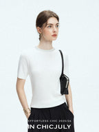 chicjuly Starry Rhinestone Neck Knit Women's Silk Wool Short Sleeve T-shirts