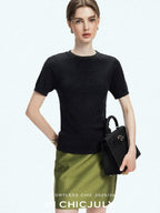 chicjuly Starry Rhinestone Neck Knit Women's Silk Wool Short Sleeve T-shirts