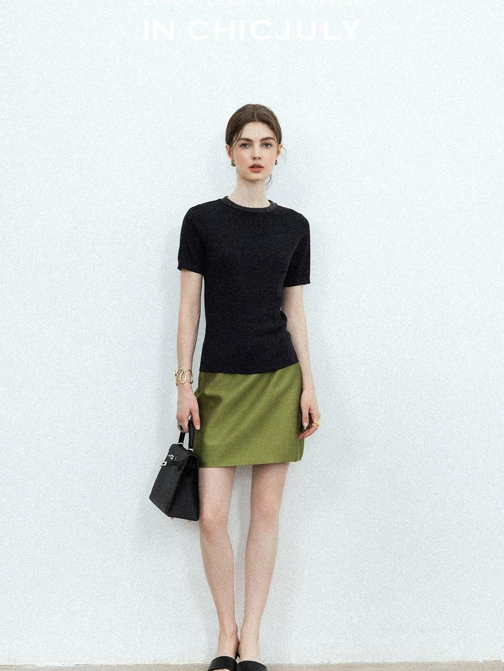 chicjuly Starry Rhinestone Neck Knit Women's Silk Wool Short Sleeve T-shirts