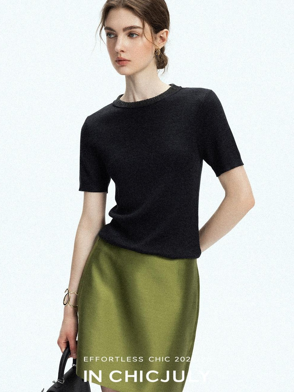 chicjuly Starry Rhinestone Neck Knit Women's Silk Wool Short Sleeve T-shirts