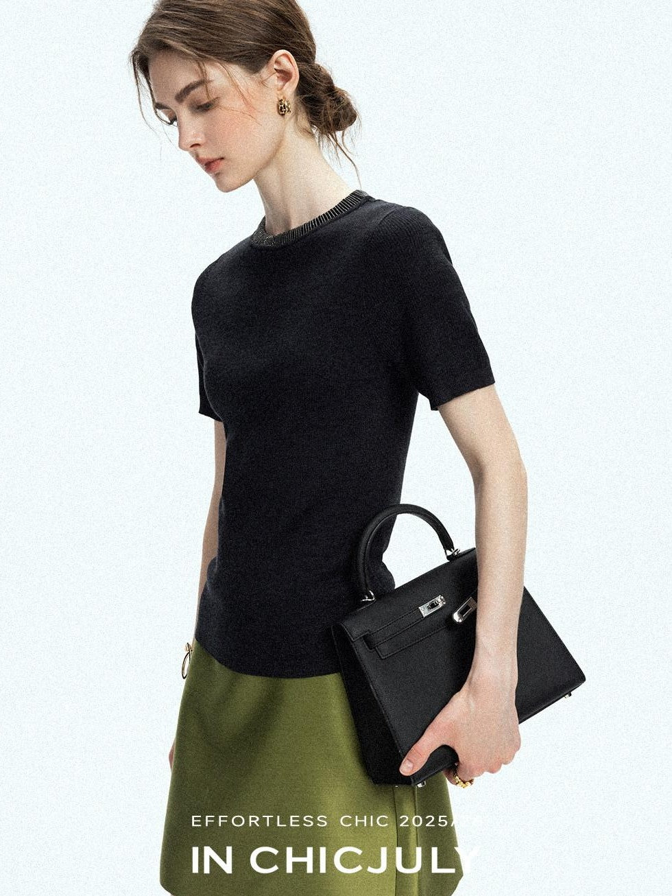 chicjuly Starry Rhinestone Neck Knit Women's Silk Wool Short Sleeve T-shirts