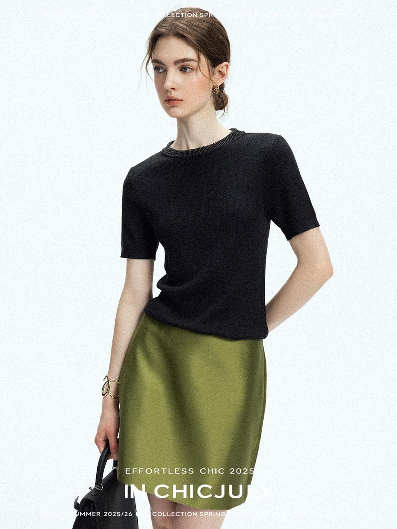 chicjuly Starry Rhinestone Neck Knit Women's Silk Wool Short Sleeve T-shirts