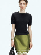 chicjuly Starry Rhinestone Neck Knit Women's Silk Wool Short Sleeve T-shirts