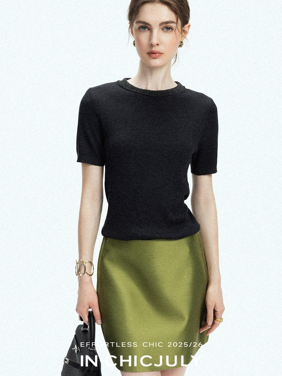 chicjuly Starry Rhinestone Neck Knit Women's Silk Wool Short Sleeve T-shirts