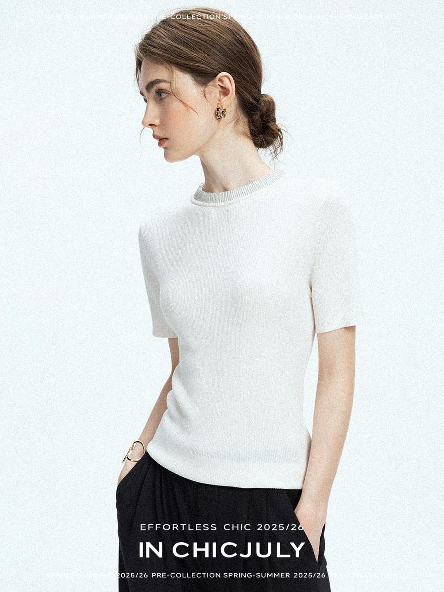 chicjuly Starry Rhinestone Neck Knit Women's Silk Wool Short Sleeve T-shirts