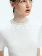 chicjuly Starry Rhinestone Neck Knit Women's Silk Wool Short Sleeve T-shirts