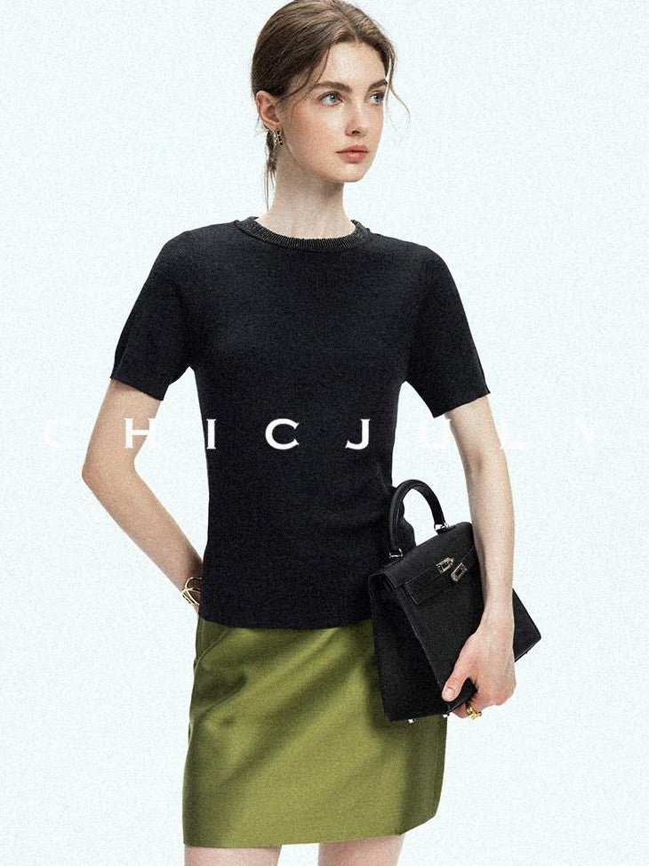 chicjuly Starry Rhinestone Neck Knit Women's Silk Wool Short Sleeve T-shirts