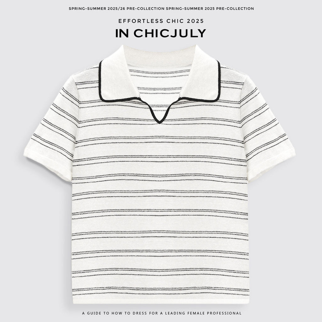 chicjuly Striped Contrast Polo Knit Women's Linen Wool Short Sleeve T-shirts 935670063794