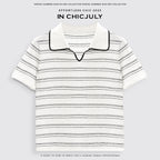 chicjuly Striped Contrast Polo Knit Women's Linen Wool Short Sleeve T-shirts 935670063794