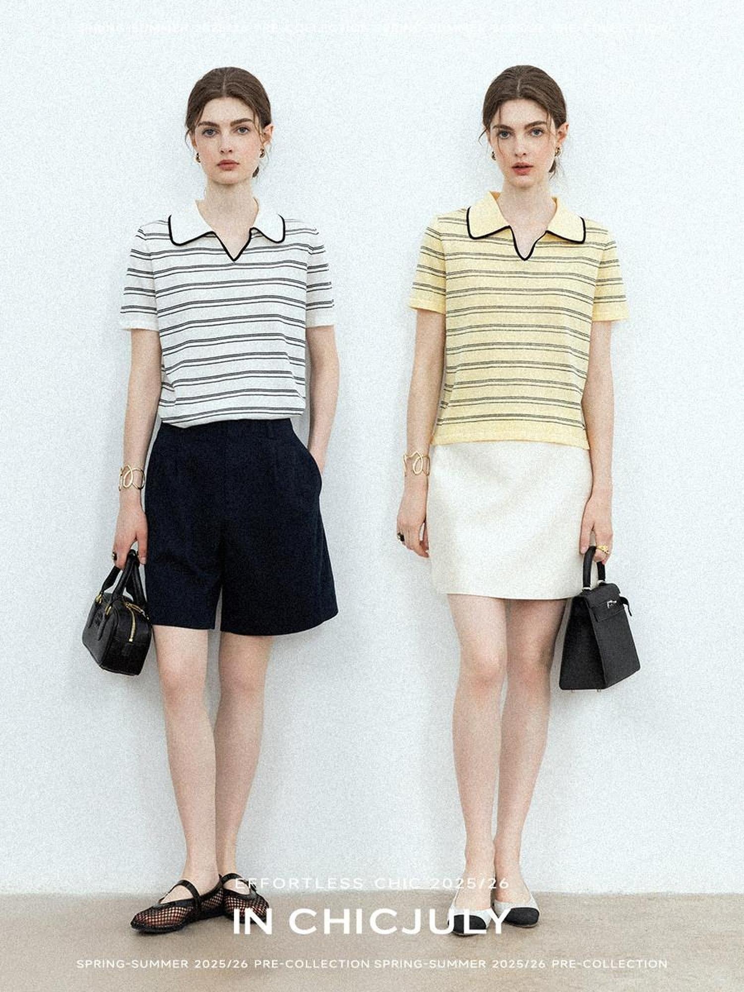 chicjuly Striped Contrast Polo Knit Women's Linen Wool Short Sleeve T-shirts