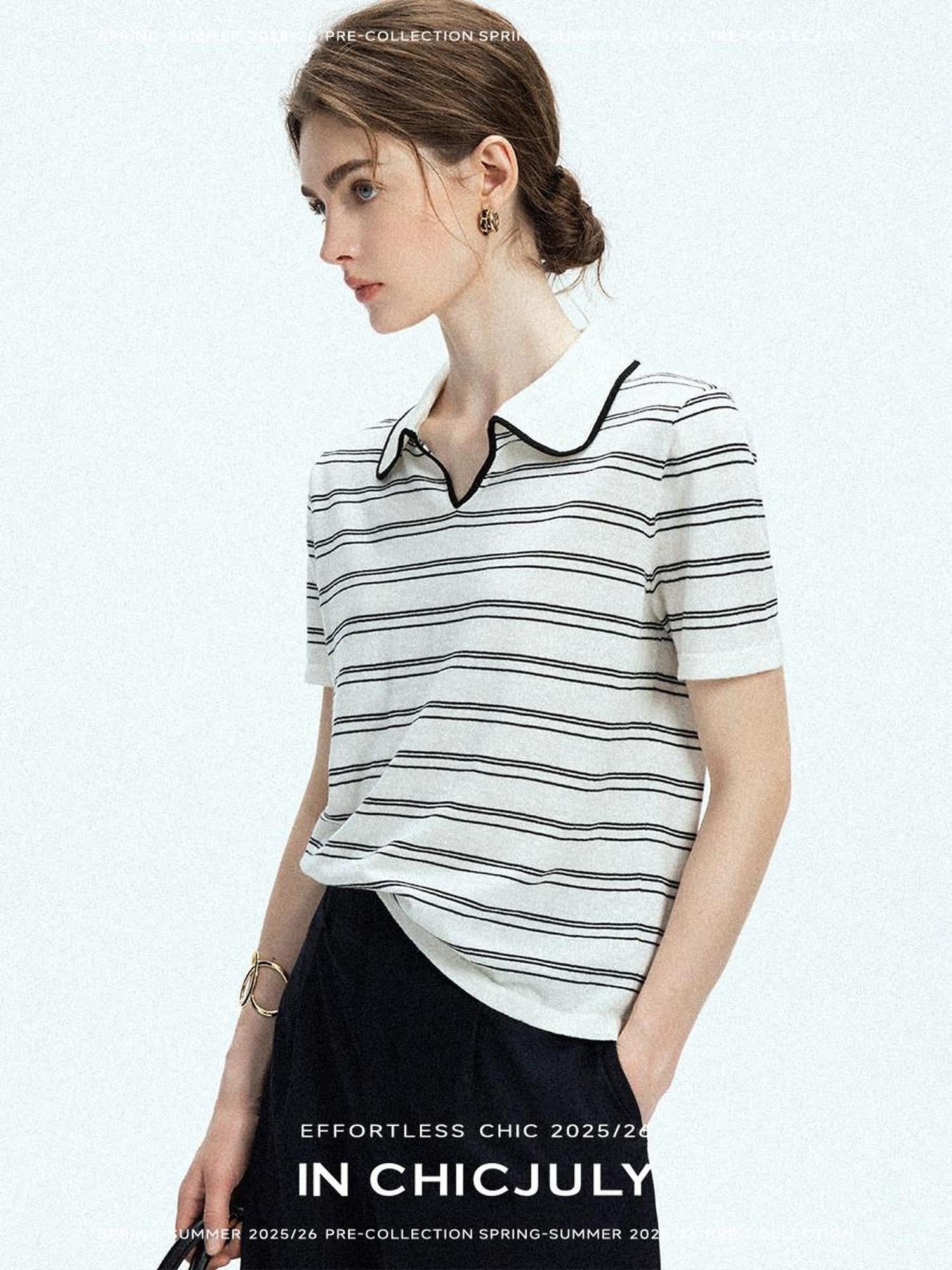 chicjuly Striped Contrast Polo Knit Women's Linen Wool Short Sleeve T-shirts