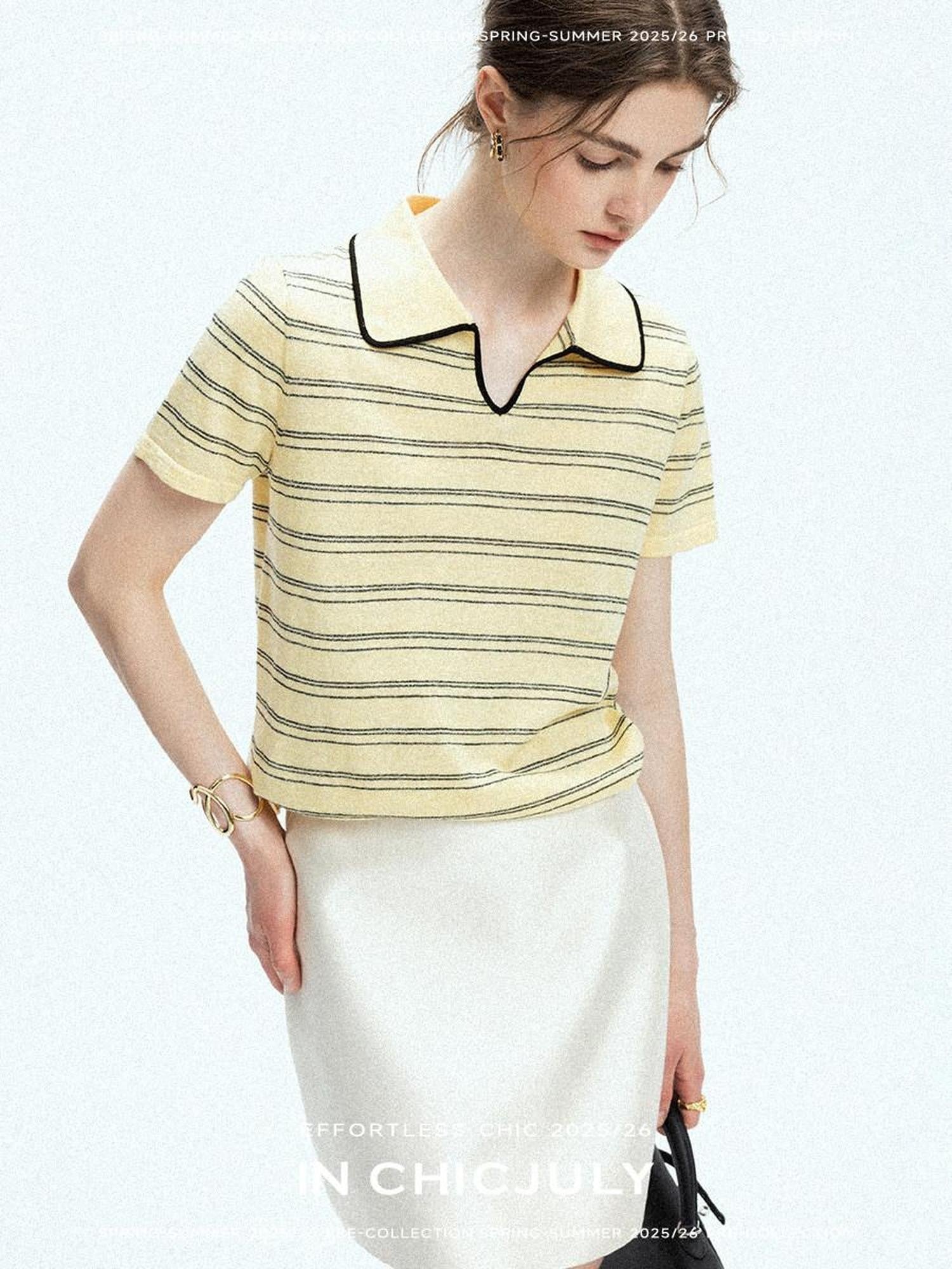 chicjuly Striped Contrast Polo Knit Women's Linen Wool Short Sleeve T-shirts