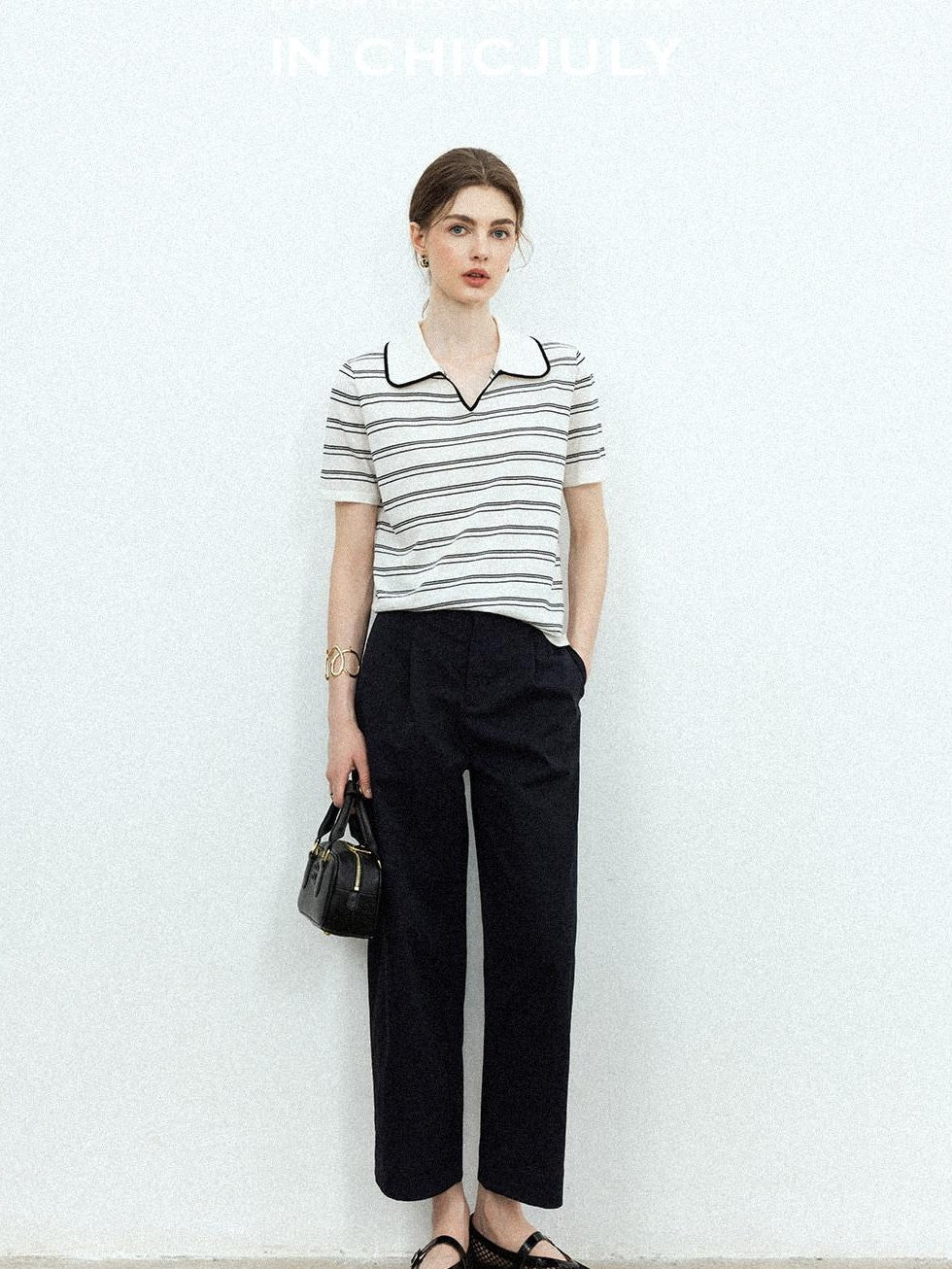 chicjuly Striped Contrast Polo Knit Women's Linen Wool Short Sleeve T-shirts