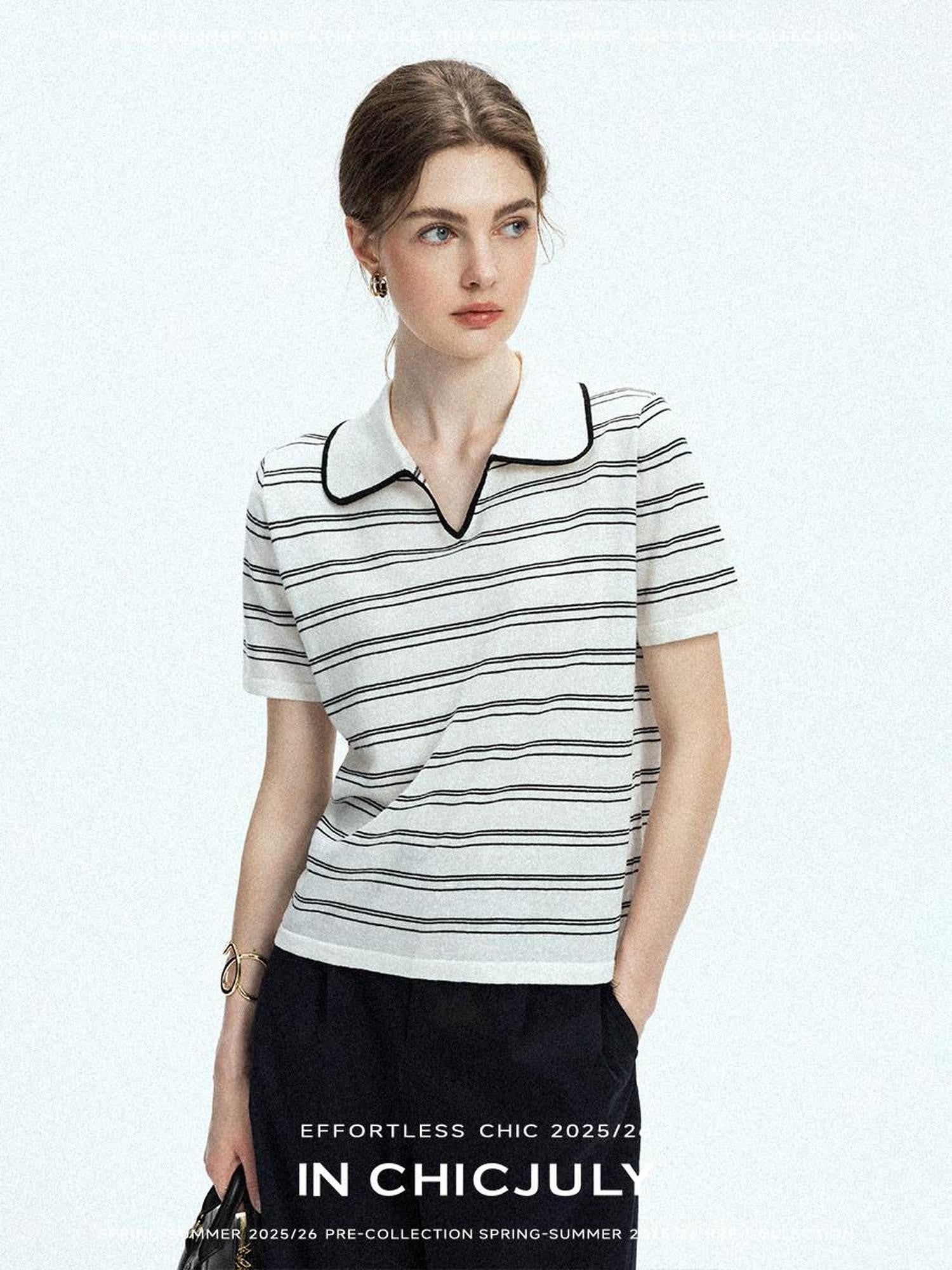 chicjuly Striped Contrast Polo Knit Women's Linen Wool Short Sleeve T-shirts