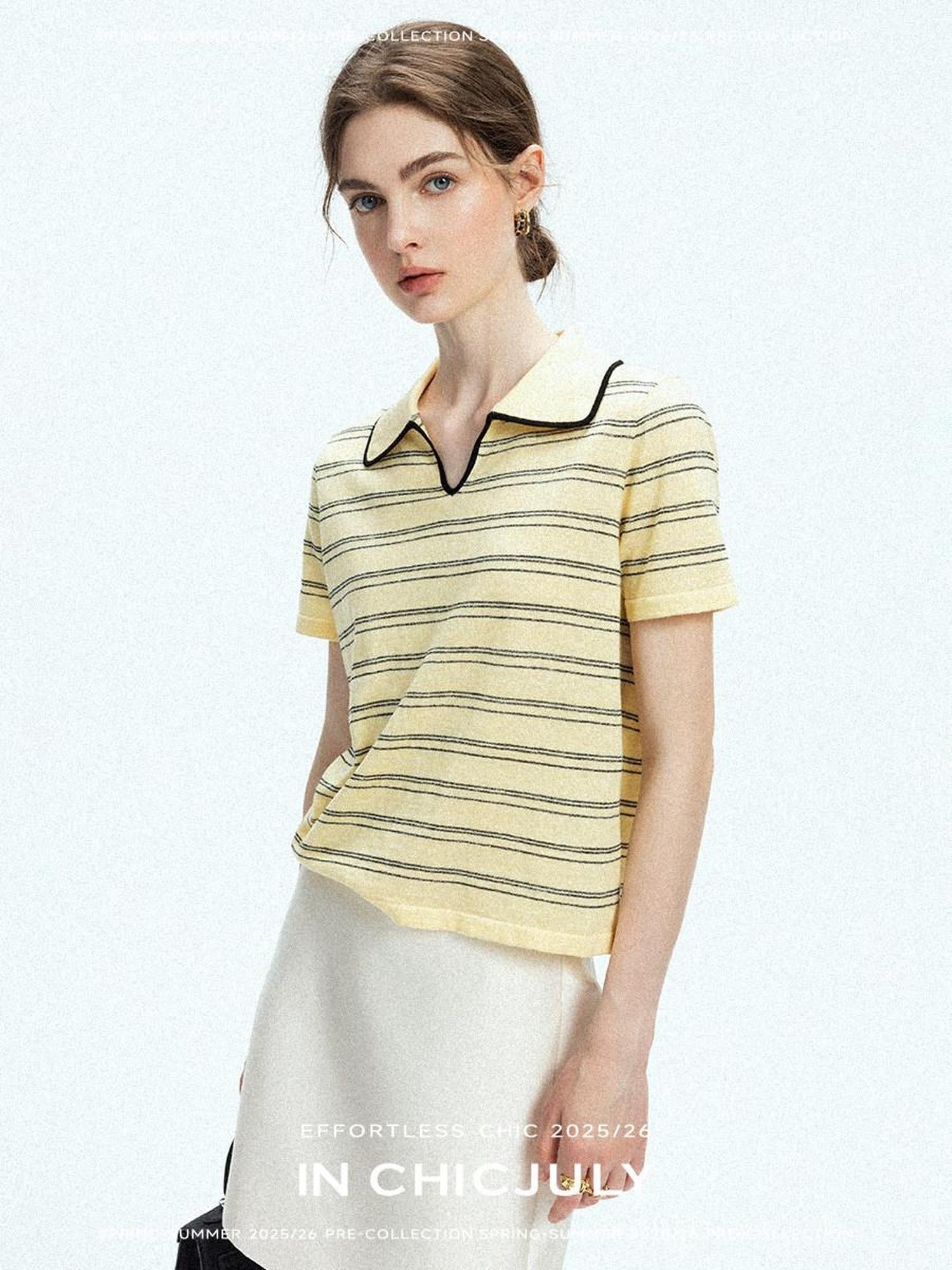 chicjuly Striped Contrast Polo Knit Women's Linen Wool Short Sleeve T-shirts