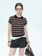 chicjuly Striped Herringbone Edge Tulip Hem High Waist Women's Fine Wool Short Trousers