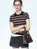 chicjuly Striped Herringbone Edge Tulip Hem High Waist Women's Fine Wool Short Trousers