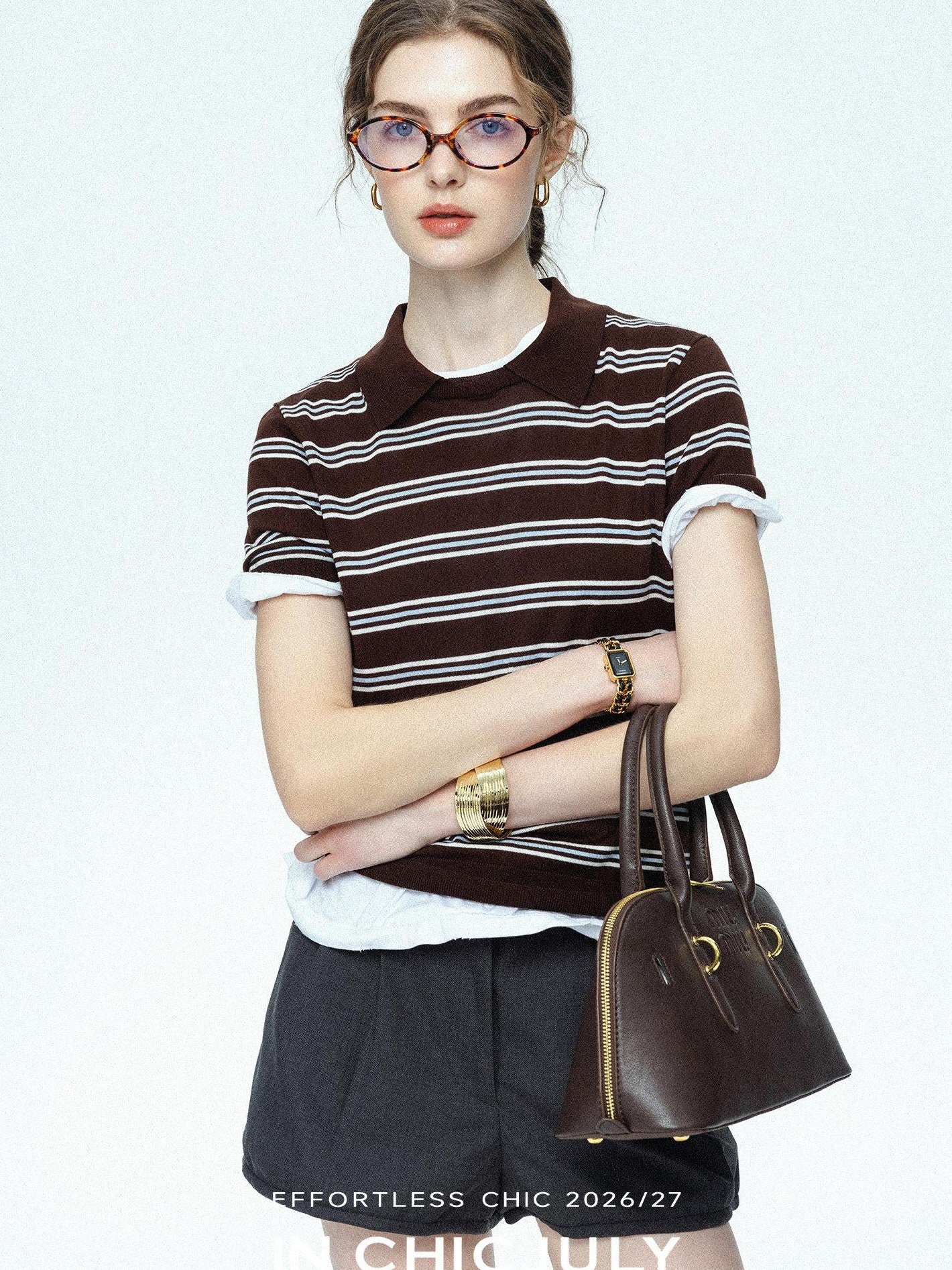 chicjuly Striped Herringbone Edge Tulip Hem High Waist Women's Fine Wool Short Trousers