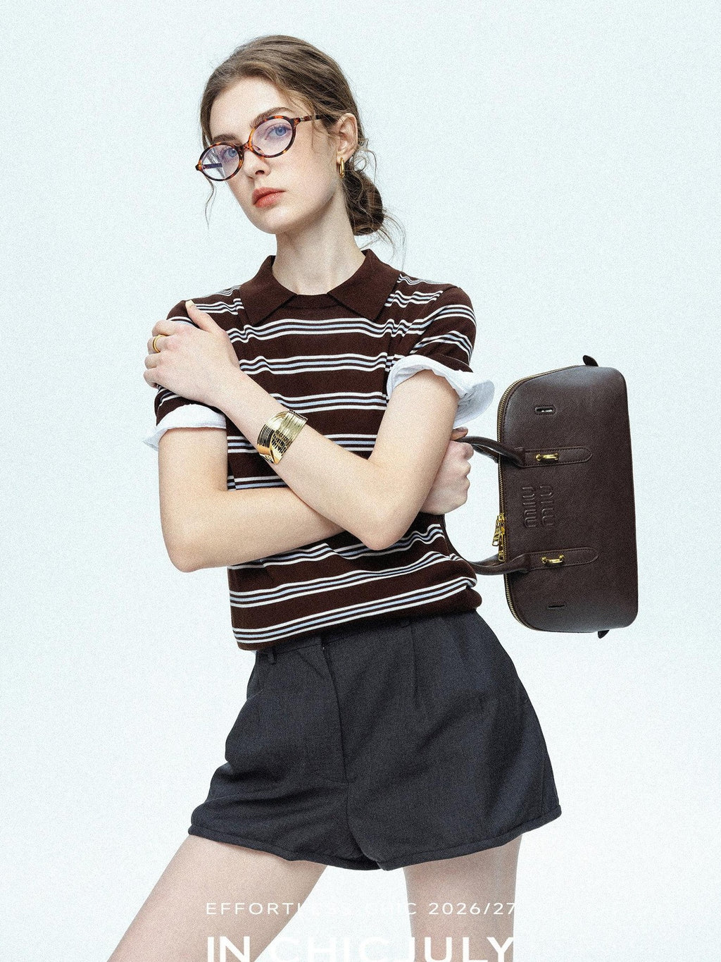 chicjuly Striped Herringbone Edge Tulip Hem High Waist Women's Fine Wool Short Trousers