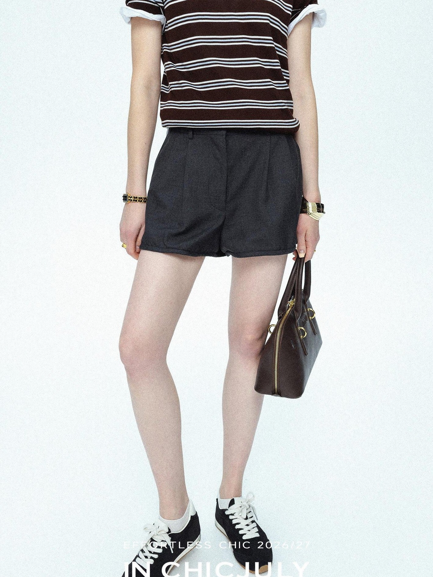 chicjuly Striped Herringbone Edge Tulip Hem High Waist Women's Fine Wool Short Trousers