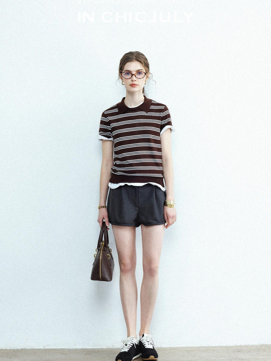 chicjuly Striped Herringbone Edge Tulip Hem High Waist Women's Fine Wool Short Trousers
