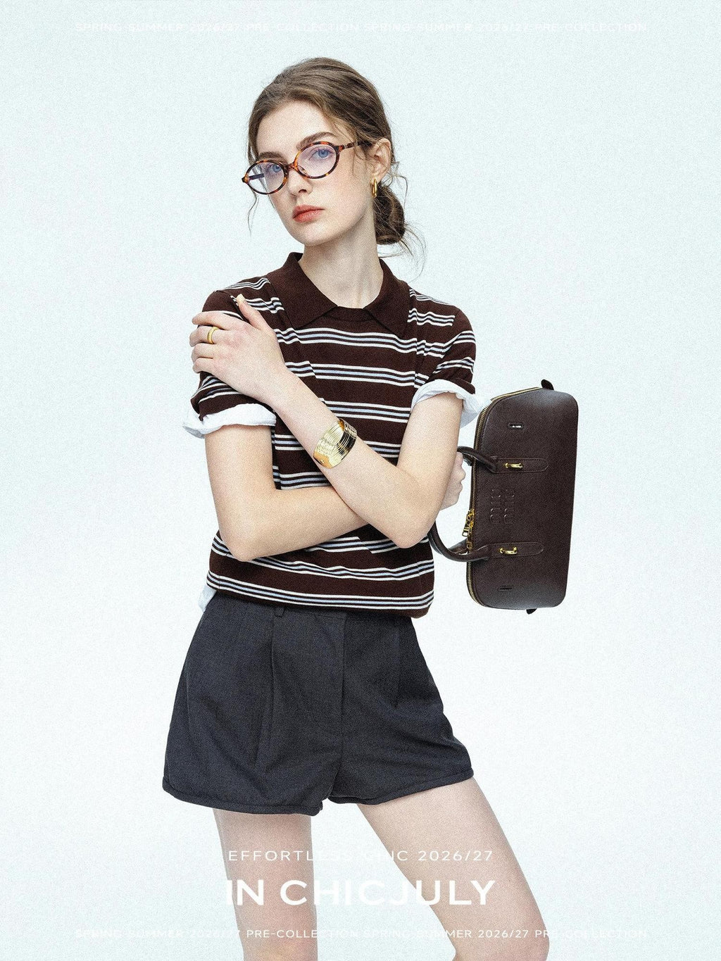 chicjuly Striped Herringbone Edge Tulip Hem High Waist Women's Fine Wool Short Trousers