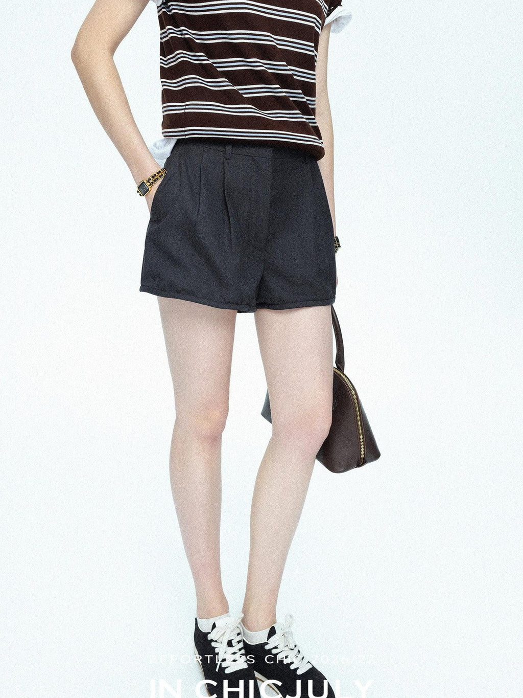 chicjuly Striped Herringbone Edge Tulip Hem High Waist Women's Fine Wool Short Trousers