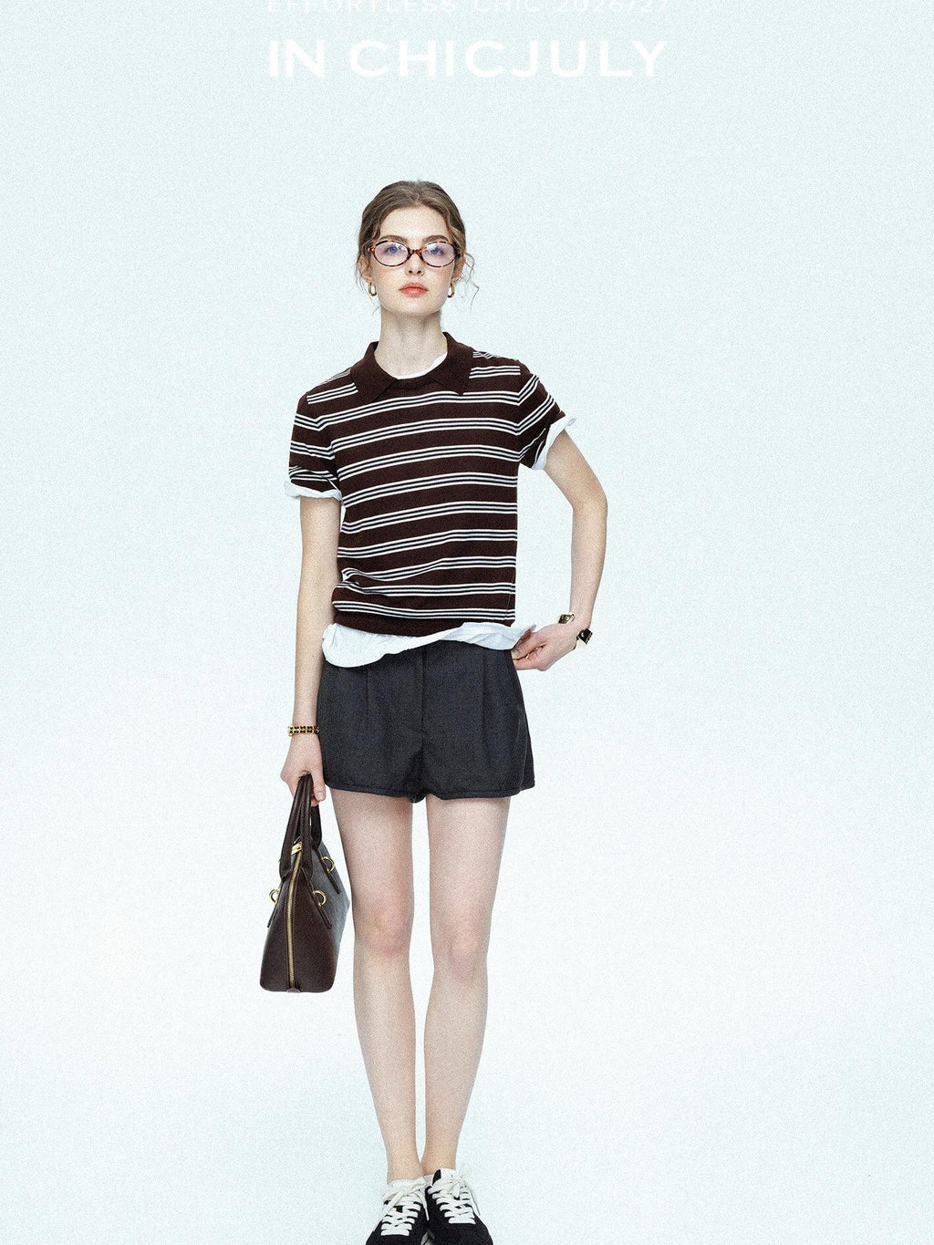 chicjuly Striped Herringbone Edge Tulip Hem High Waist Women's Fine Wool Short Trousers