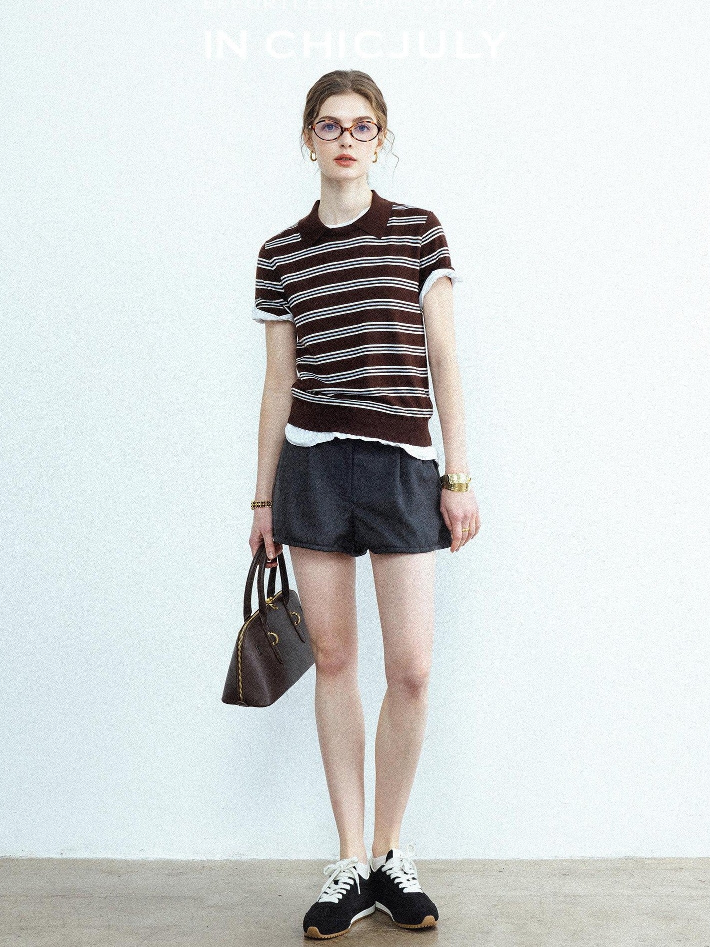 chicjuly Striped Herringbone Edge Tulip Hem High Waist Women's Fine Wool Short Trousers