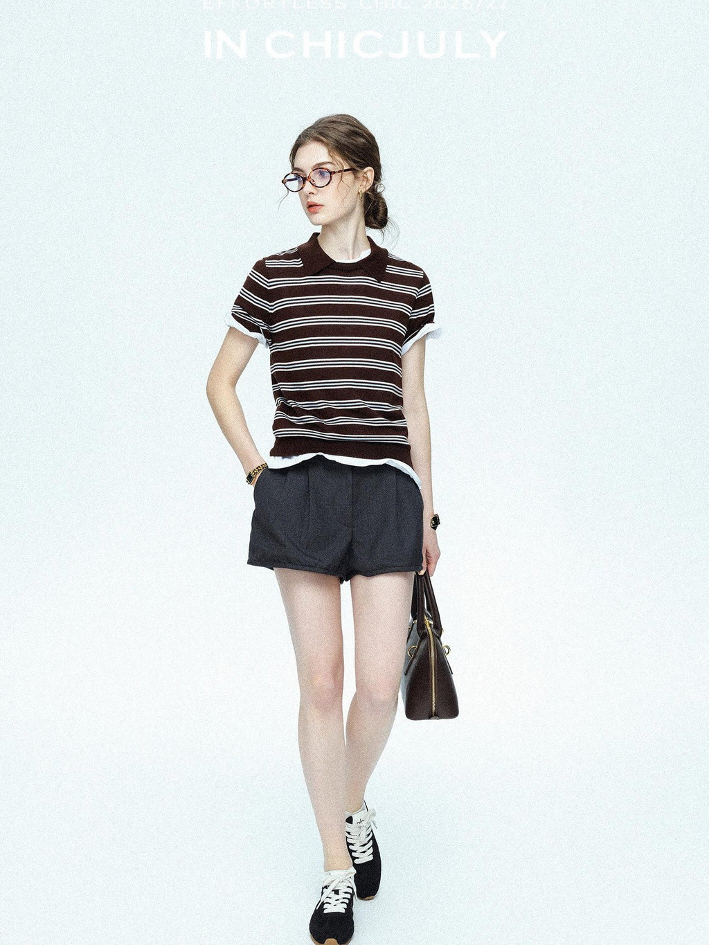 chicjuly Striped Herringbone Edge Tulip Hem High Waist Women's Fine Wool Short Trousers
