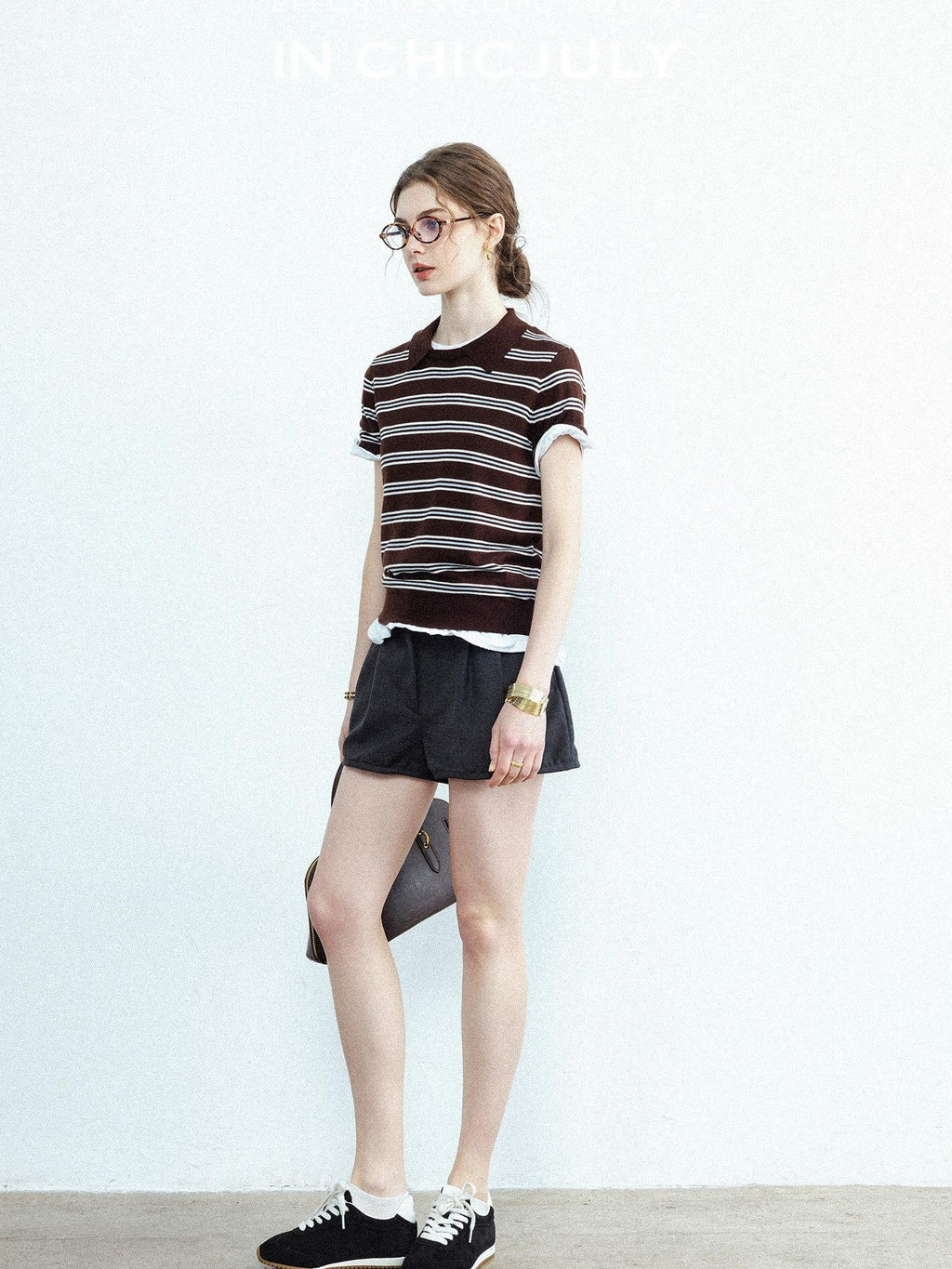 chicjuly Striped Herringbone Edge Tulip Hem High Waist Women's Fine Wool Short Trousers