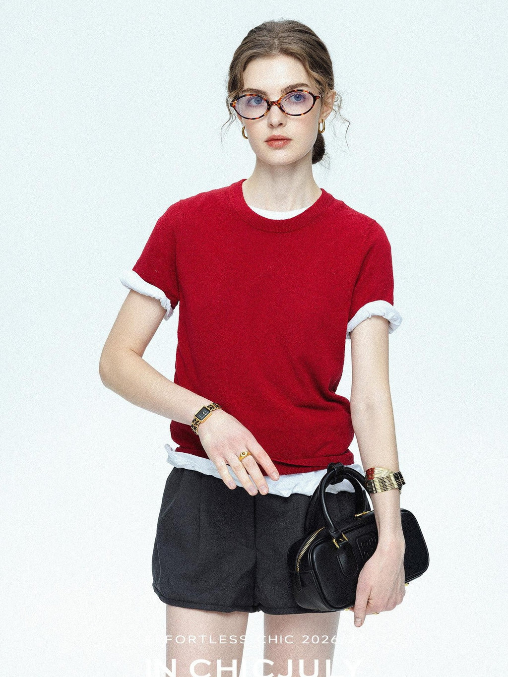 chicjuly Striped Herringbone Edge Tulip Hem High Waist Women's Fine Wool Short Trousers