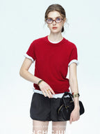 chicjuly Striped Herringbone Edge Tulip Hem High Waist Women's Fine Wool Short Trousers