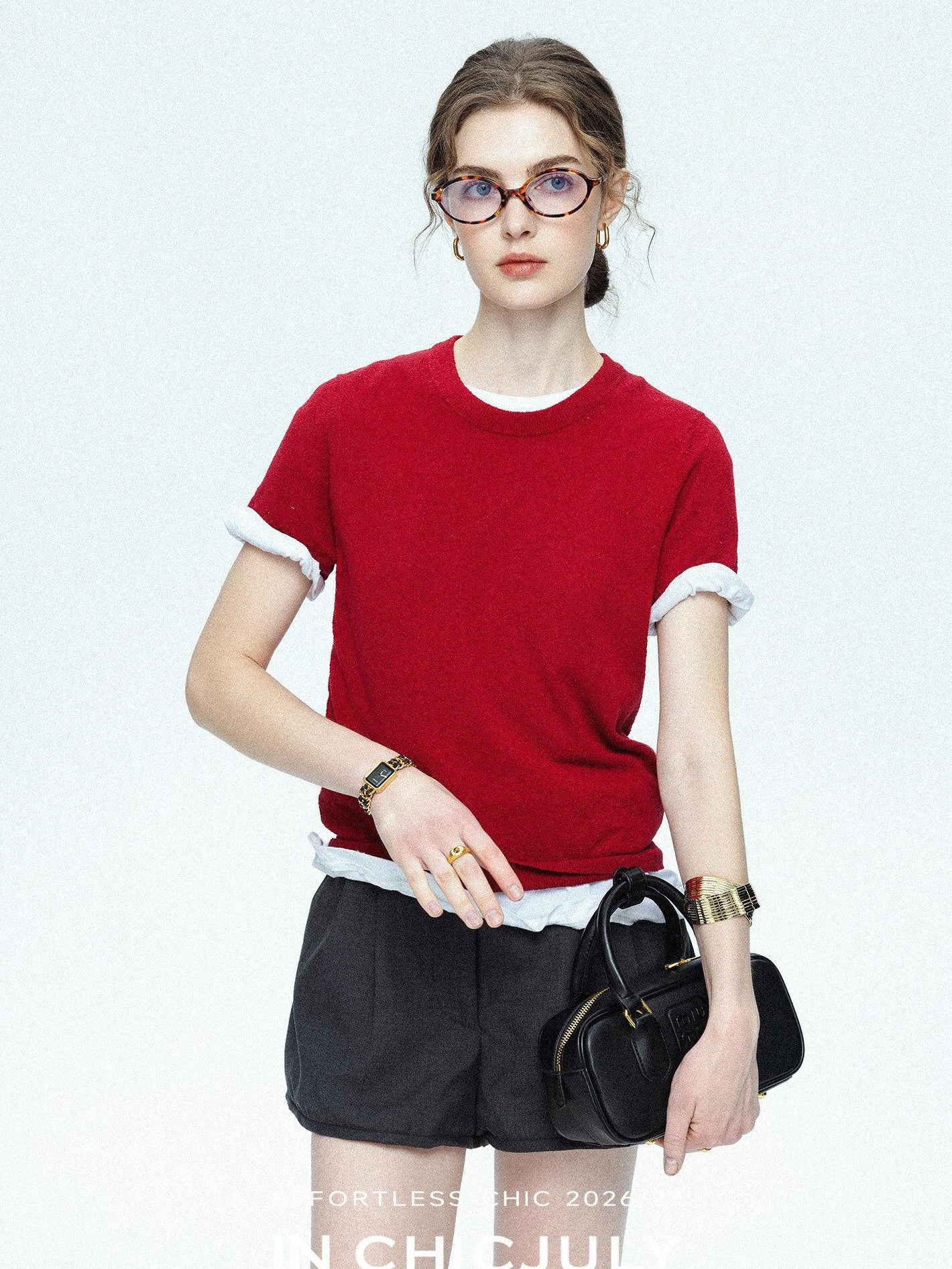 chicjuly Striped Herringbone Edge Tulip Hem High Waist Women's Fine Wool Short Trousers