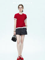 chicjuly Striped Herringbone Edge Tulip Hem High Waist Women's Fine Wool Short Trousers
