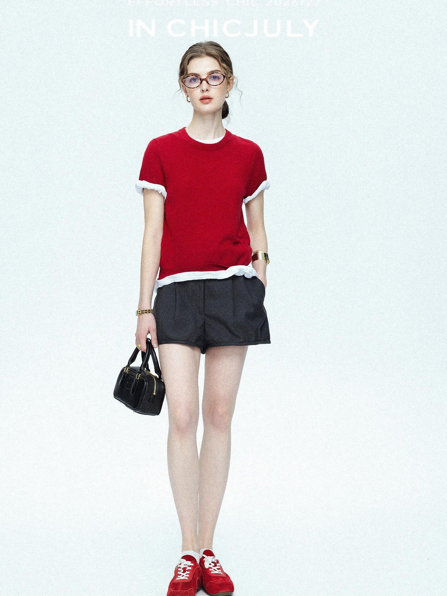 chicjuly Striped Herringbone Edge Tulip Hem High Waist Women's Fine Wool Short Trousers