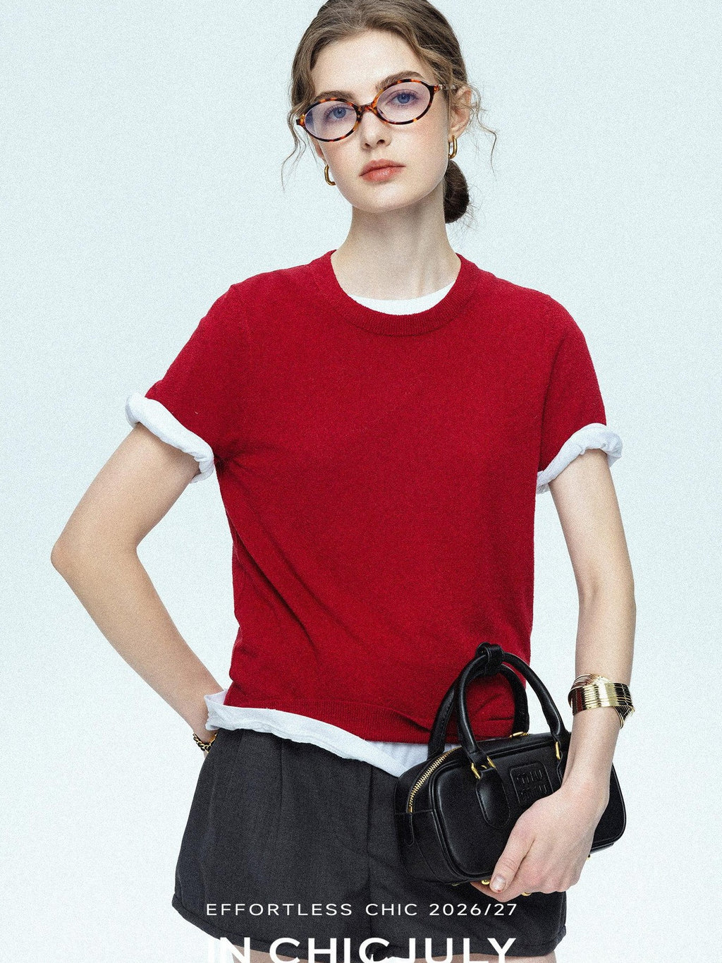 chicjuly Striped Herringbone Edge Tulip Hem High Waist Women's Fine Wool Short Trousers