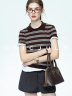 chicjuly Striped Herringbone Edge Tulip Hem High Waist Women's Fine Wool Short Trousers