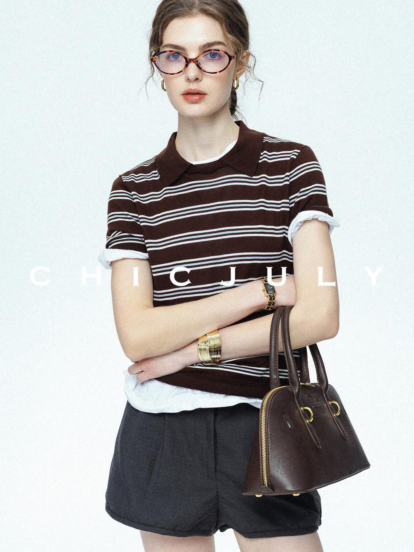 chicjuly Striped Herringbone Edge Tulip Hem High Waist Women's Fine Wool Short Trousers