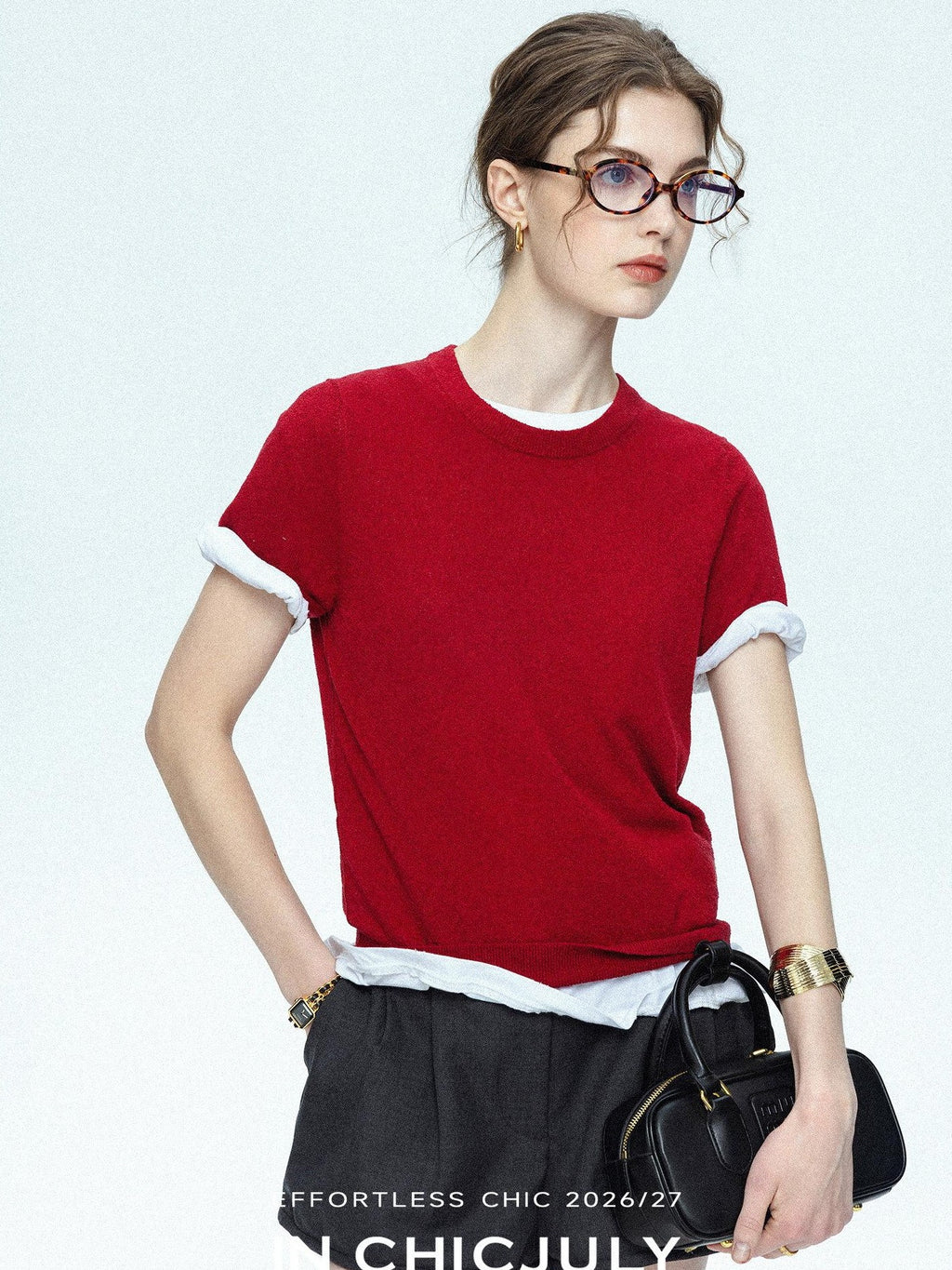 chicjuly Striped Herringbone Edge Tulip Hem High Waist Women's Fine Wool Short Trousers