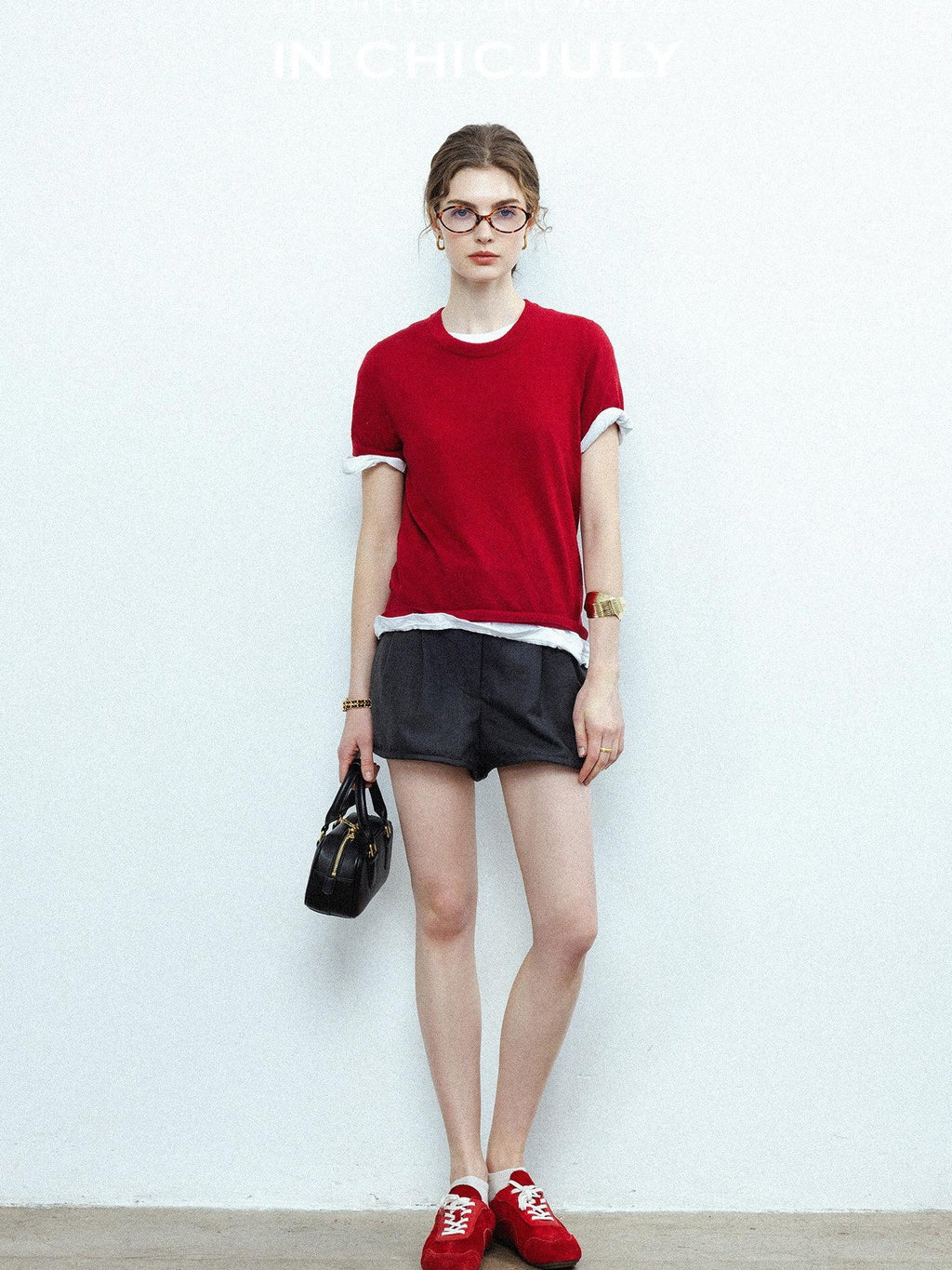 chicjuly Striped Herringbone Edge Tulip Hem High Waist Women's Fine Wool Short Trousers
