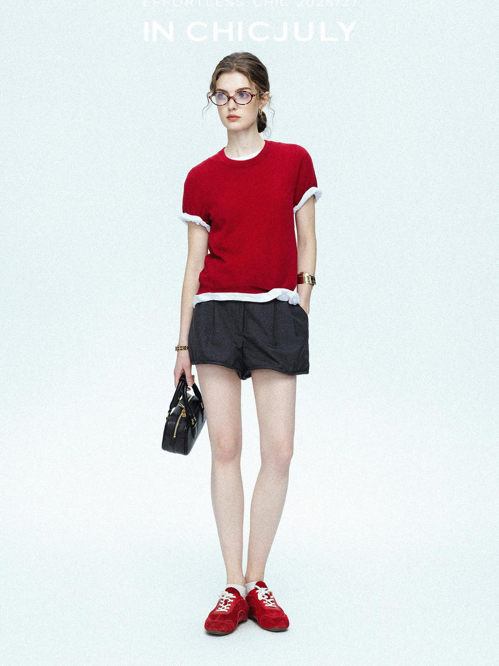 chicjuly Striped Herringbone Edge Tulip Hem High Waist Women's Fine Wool Short Trousers