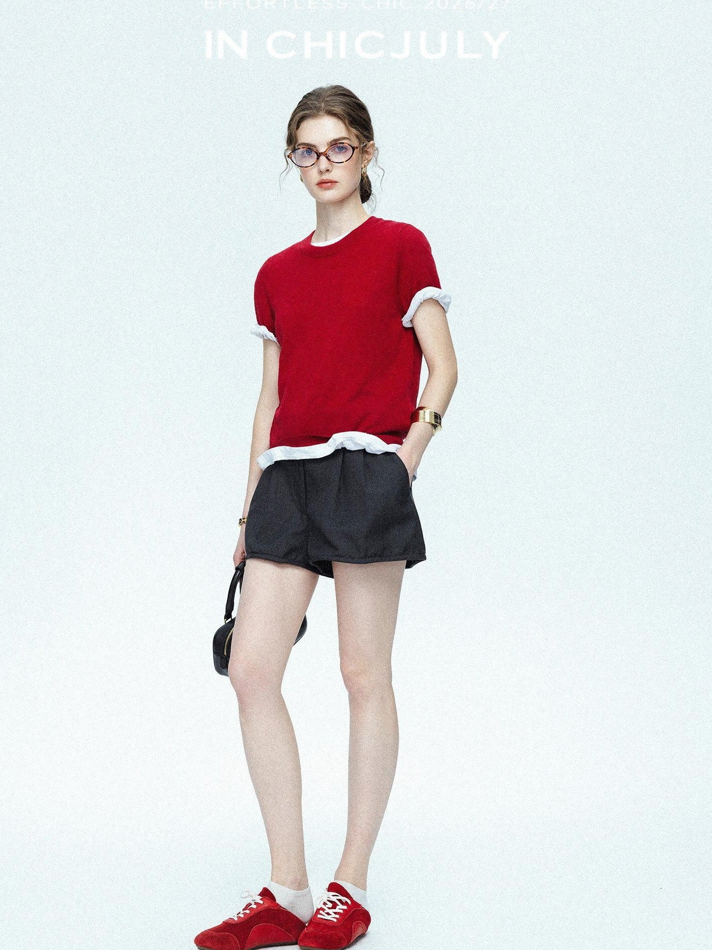 chicjuly Striped Herringbone Edge Tulip Hem High Waist Women's Fine Wool Short Trousers